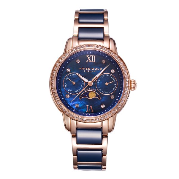 ARIES GOLD ENCHANT LUNA ROSE GOLD STAINLESS STEEL L 58010L RG-BUMP BLUE CERAMIC WOMEN'S WATCH